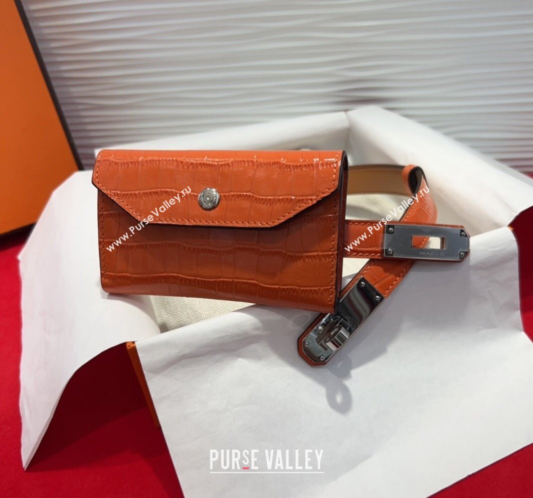 Hermes Kelly Pocket 18 Pouch Belt 1.8cm with Silver Hardware in Crocodile Leather Orange 2025 (99-250508220)