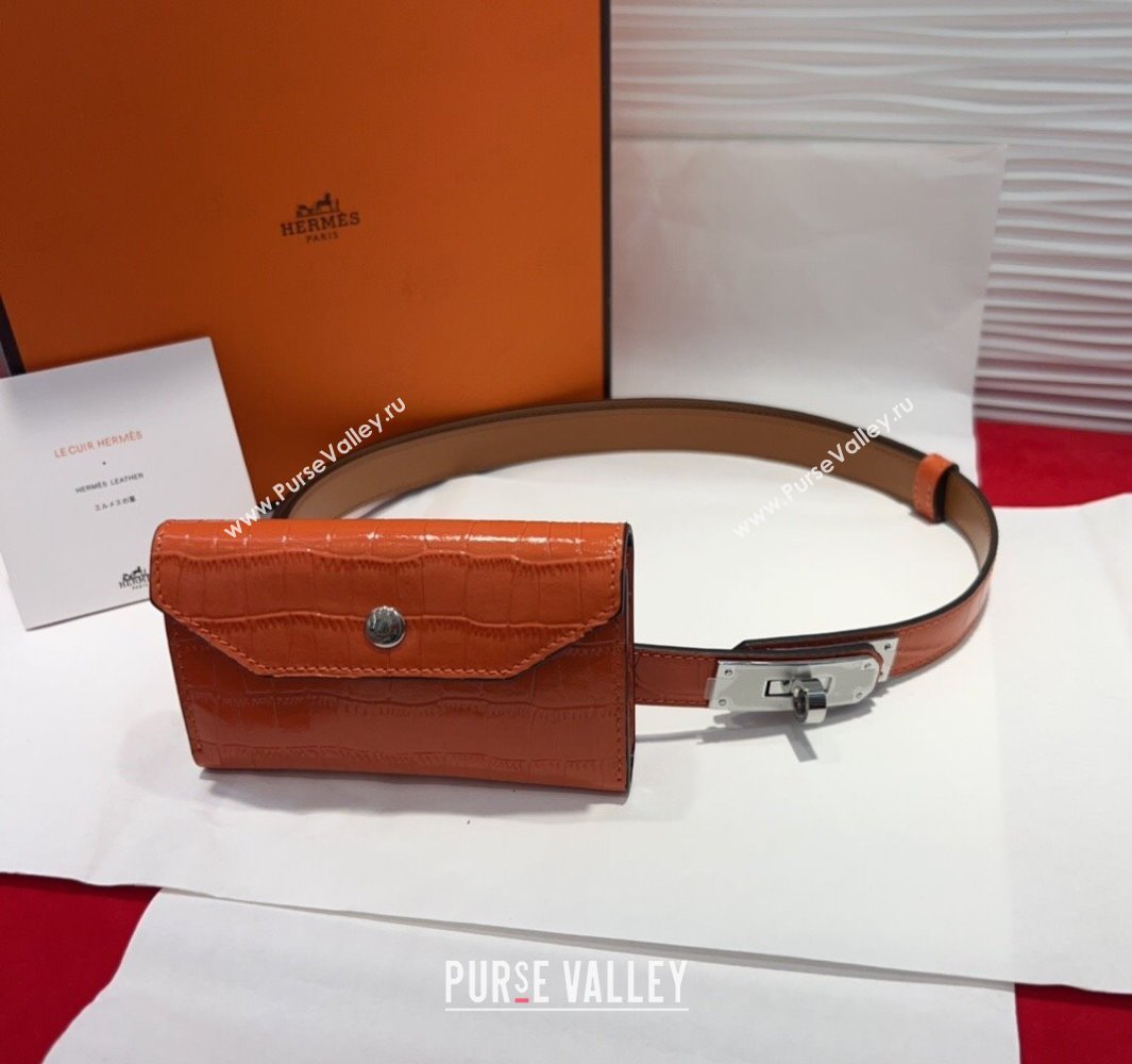 Hermes Kelly Pocket 18 Pouch Belt 1.8cm with Silver Hardware in Crocodile Leather Orange 2025 (99-250508220)