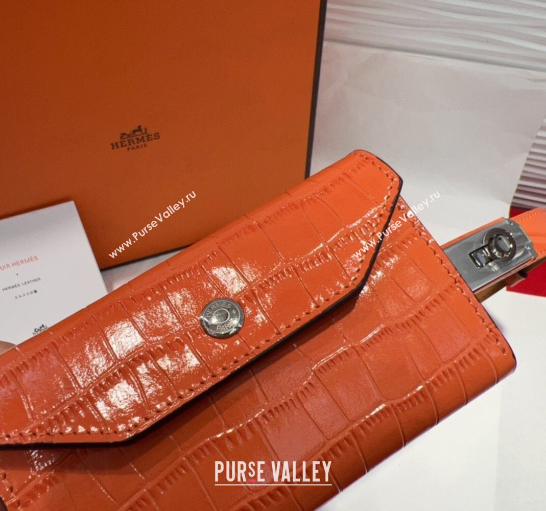 Hermes Kelly Pocket 18 Pouch Belt 1.8cm with Silver Hardware in Crocodile Leather Orange 2025 (99-250508220)
