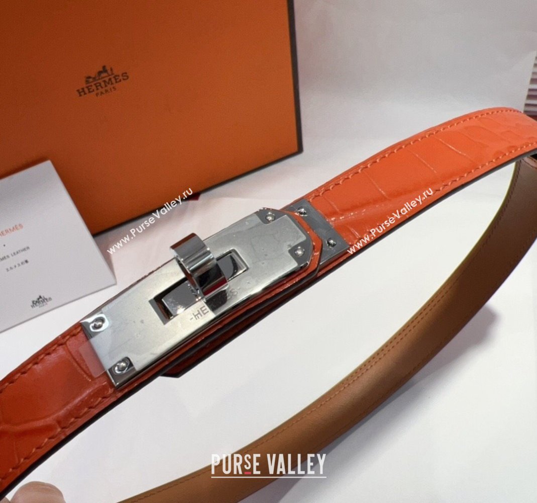 Hermes Kelly Pocket 18 Pouch Belt 1.8cm with Silver Hardware in Crocodile Leather Orange 2025 (99-250508220)