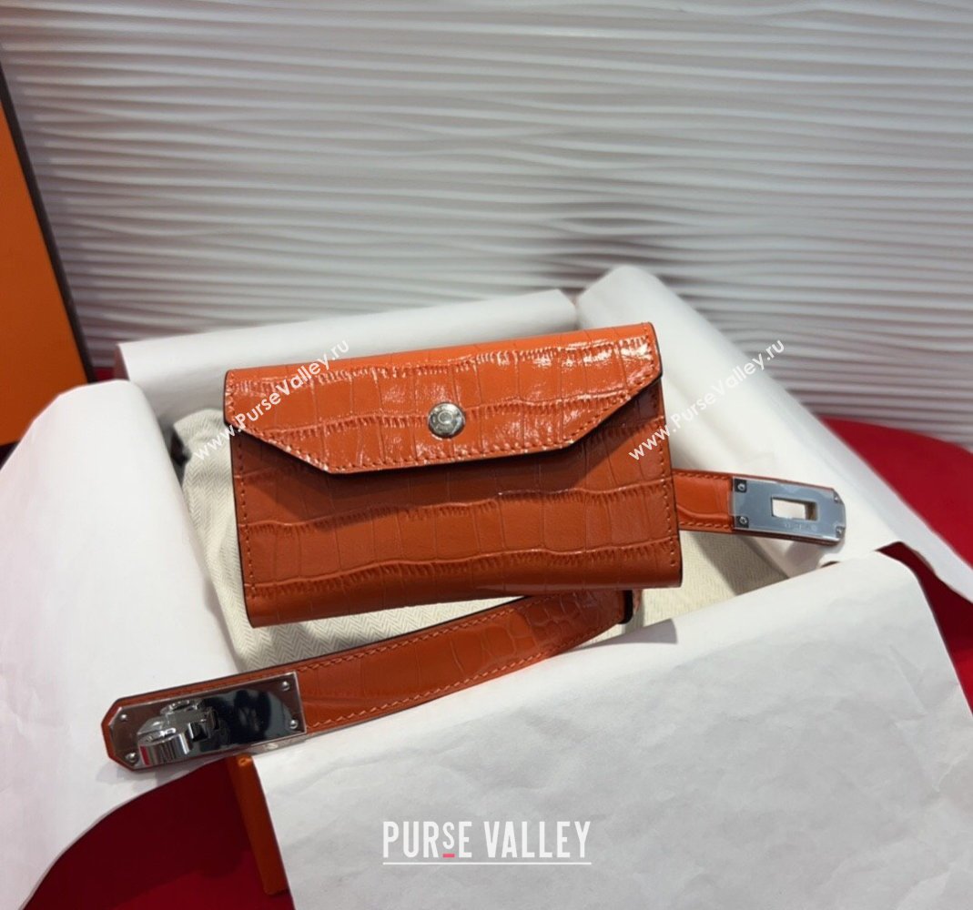 Hermes Kelly Pocket 18 Pouch Belt 1.8cm with Silver Hardware in Crocodile Leather Orange 2025 (99-250508220)