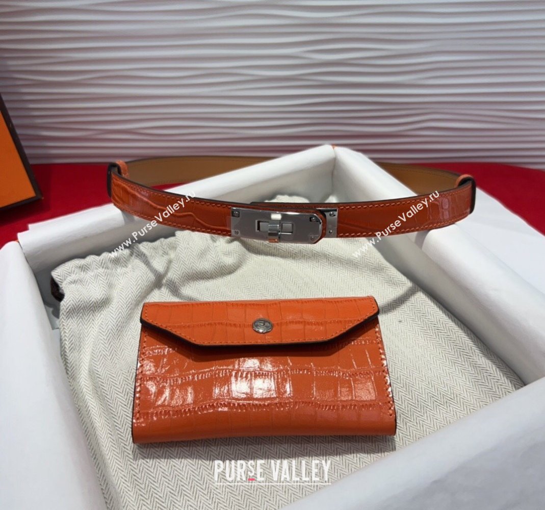 Hermes Kelly Pocket 18 Pouch Belt 1.8cm with Silver Hardware in Crocodile Leather Orange 2025 (99-250508220)