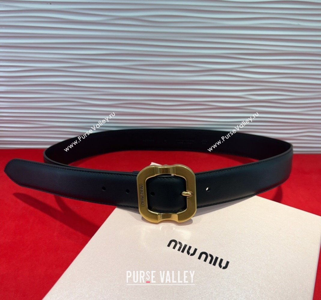 Miu Miu Supple Calfskin Belt 3.4cm with Gold-Tone Square Buckle Black 2025 2012025 (99-250508148)