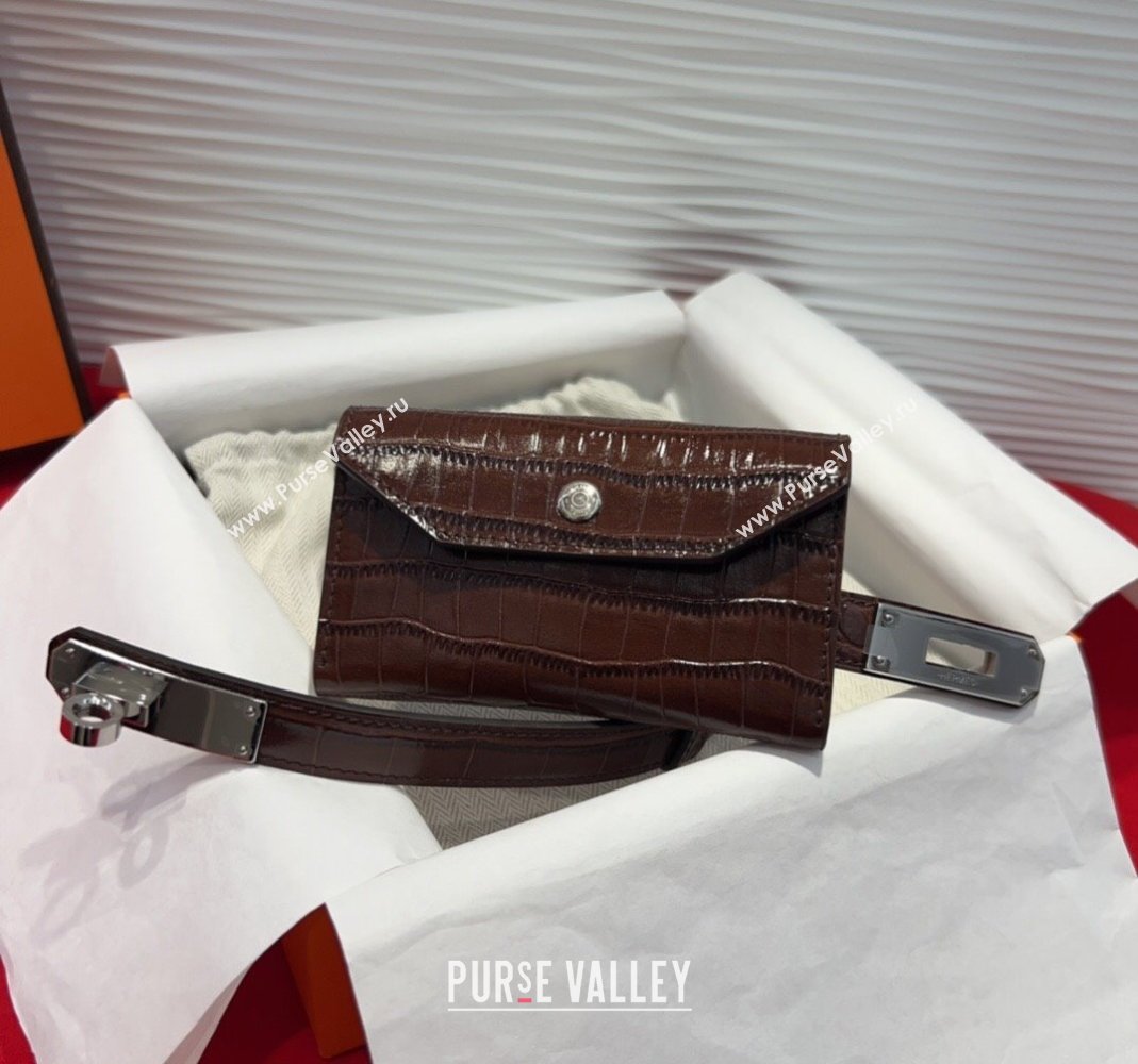 Hermes Kelly Pocket 18 Pouch Belt 1.8cm with Silver Hardware in Crocodile Leather Dark Brown 2025 (99-250508221)