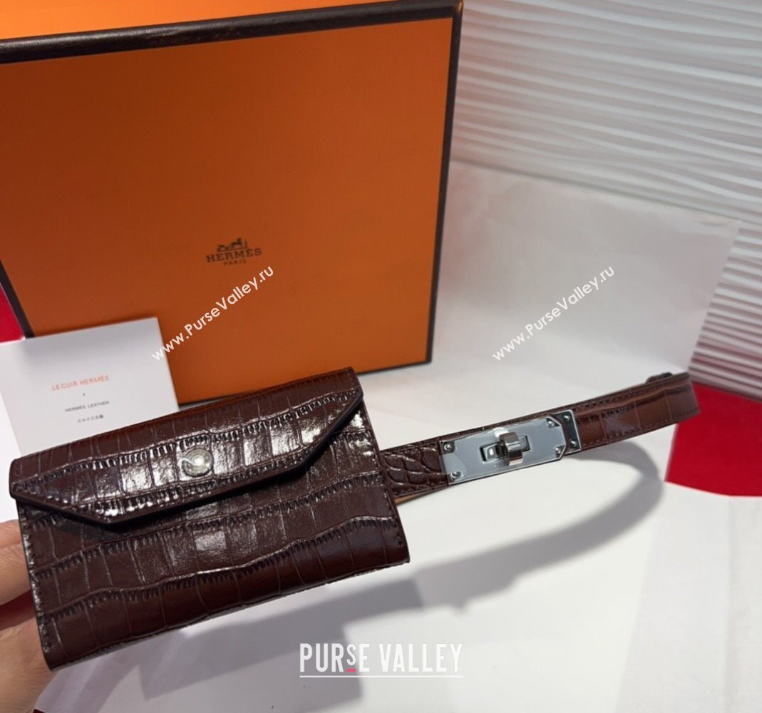 Hermes Kelly Pocket 18 Pouch Belt 1.8cm with Silver Hardware in Crocodile Leather Dark Brown 2025 (99-250508221)