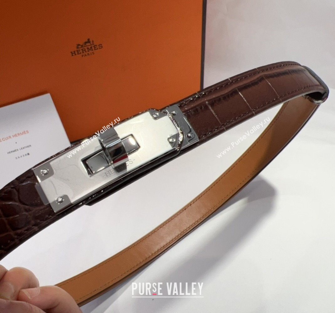 Hermes Kelly Pocket 18 Pouch Belt 1.8cm with Silver Hardware in Crocodile Leather Dark Brown 2025 (99-250508221)