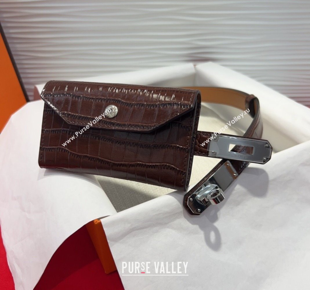 Hermes Kelly Pocket 18 Pouch Belt 1.8cm with Silver Hardware in Crocodile Leather Dark Brown 2025 (99-250508221)