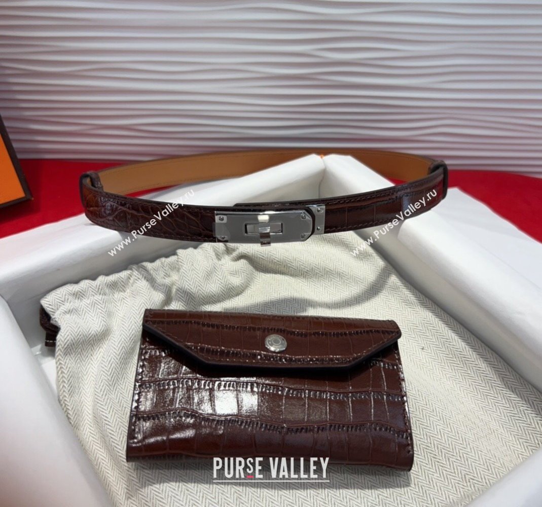 Hermes Kelly Pocket 18 Pouch Belt 1.8cm with Silver Hardware in Crocodile Leather Dark Brown 2025 (99-250508221)