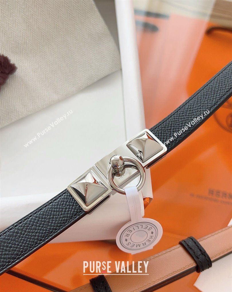 Hermes Rivale Belt 1.8cm with Two Medor Studs and Ring Buckle in Epsom Leather Black/Silver 2025 (99-250508209)