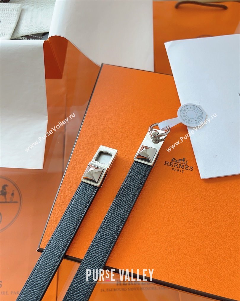 Hermes Rivale Belt 1.8cm with Two Medor Studs and Ring Buckle in Epsom Leather Black/Silver 2025 (99-250508209)