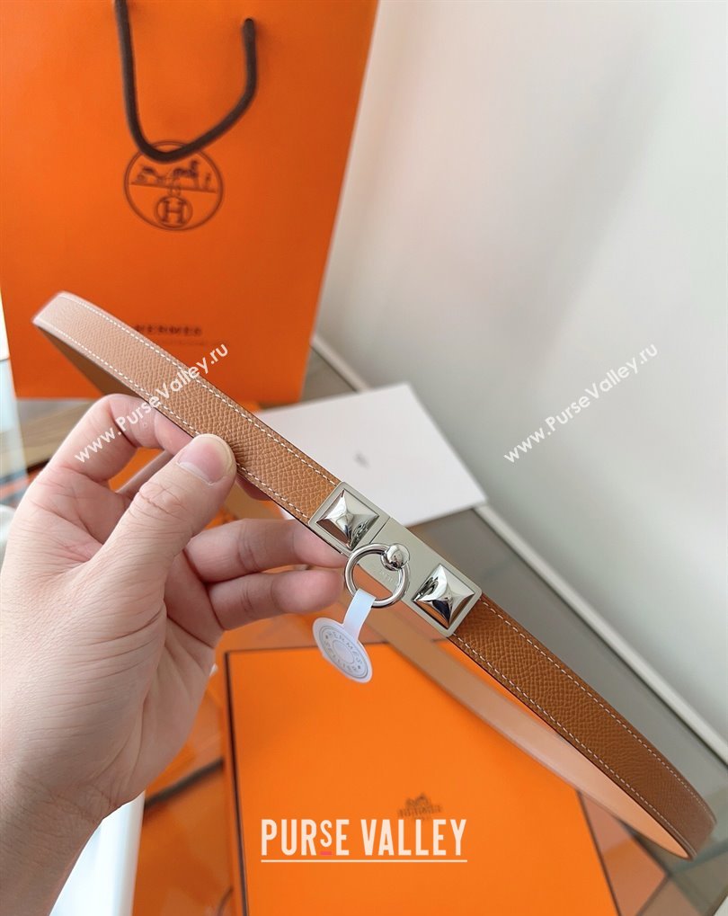 Hermes Rivale Belt 1.8cm with Two Medor Studs and Ring Buckle in Epsom Leather Brown/Silver 2025 (99-250508207)