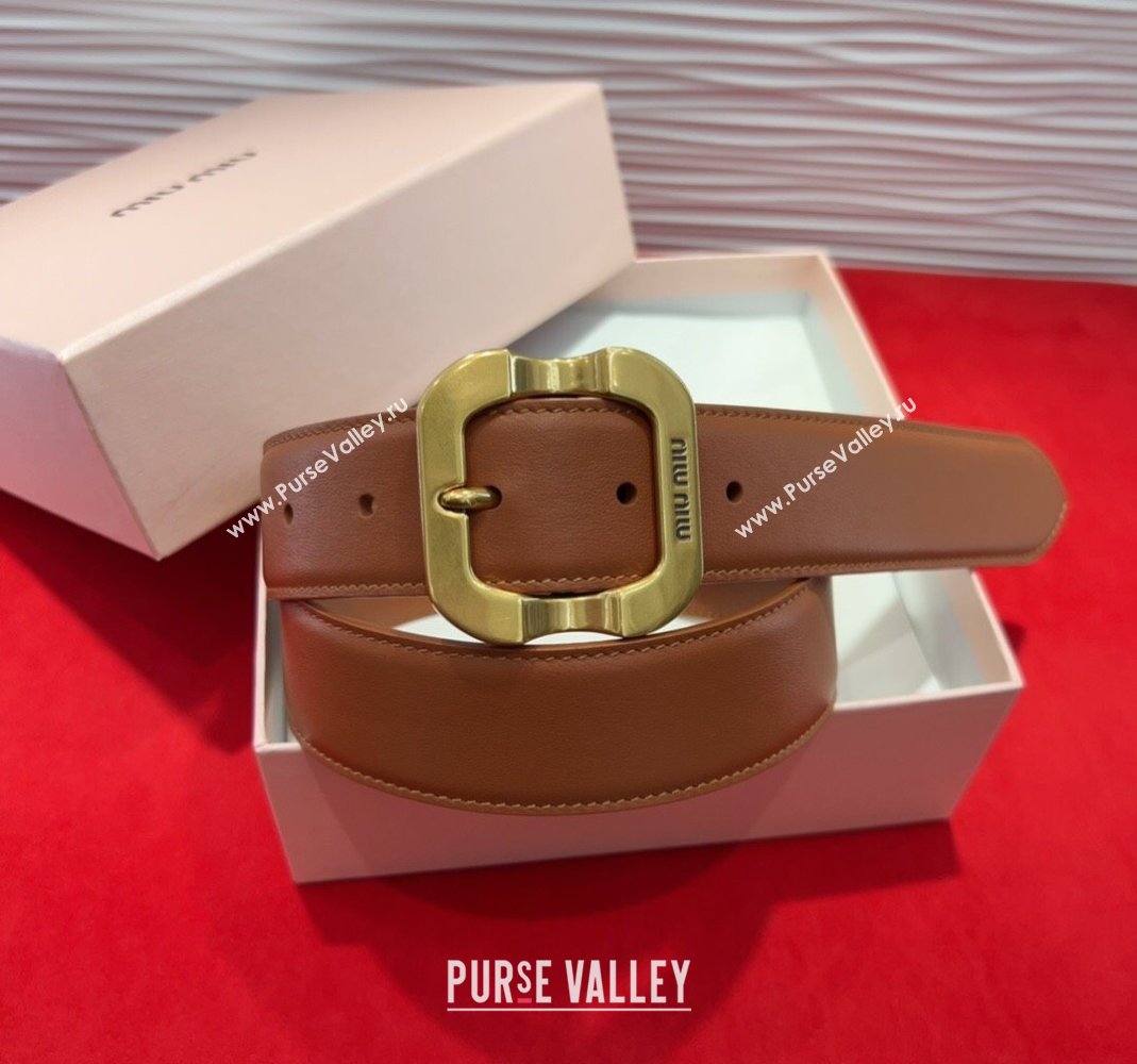 Miu Miu Supple Calfskin Belt 3.4cm with Gold-Tone Square Buckle Brown2 2025 2012025 (99-250508149)