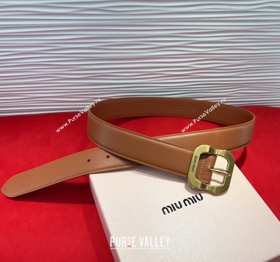Miu Miu Supple Calfskin Belt 3.4cm with Gold-Tone Square Buckle Brown2 2025 2012025 (99-250508149)