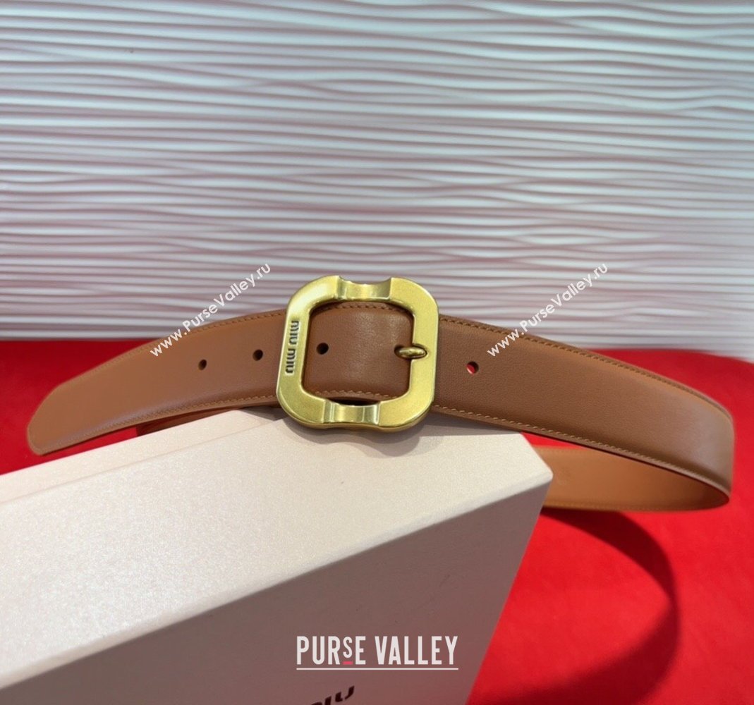 Miu Miu Supple Calfskin Belt 3.4cm with Gold-Tone Square Buckle Brown2 2025 2012025 (99-250508149)