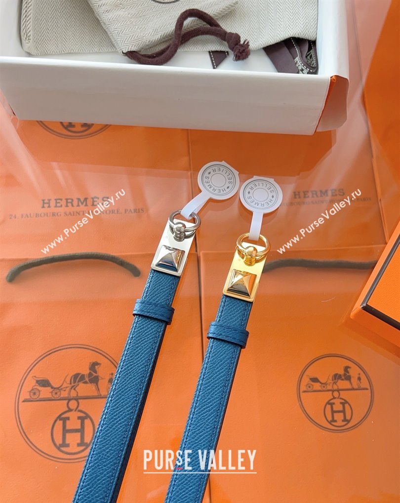 Hermes Rivale Belt 1.8cm with Two Medor Studs and Ring Buckle in Epsom Leather Blue 2025 (99-250508201)