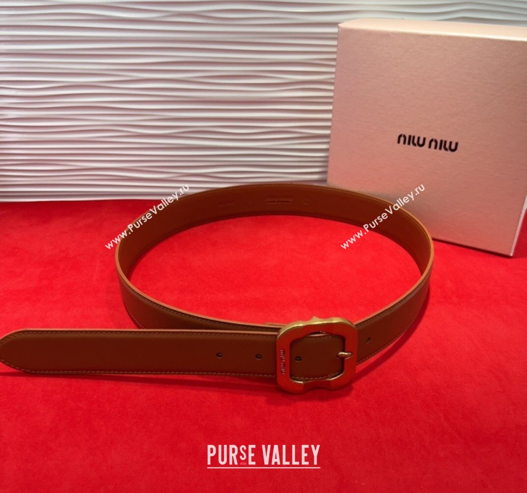 Miu Miu Supple Calfskin Belt 3.4cm with Gold-Tone Square Buckle Brown2 2025 2012025 (99-250508149)