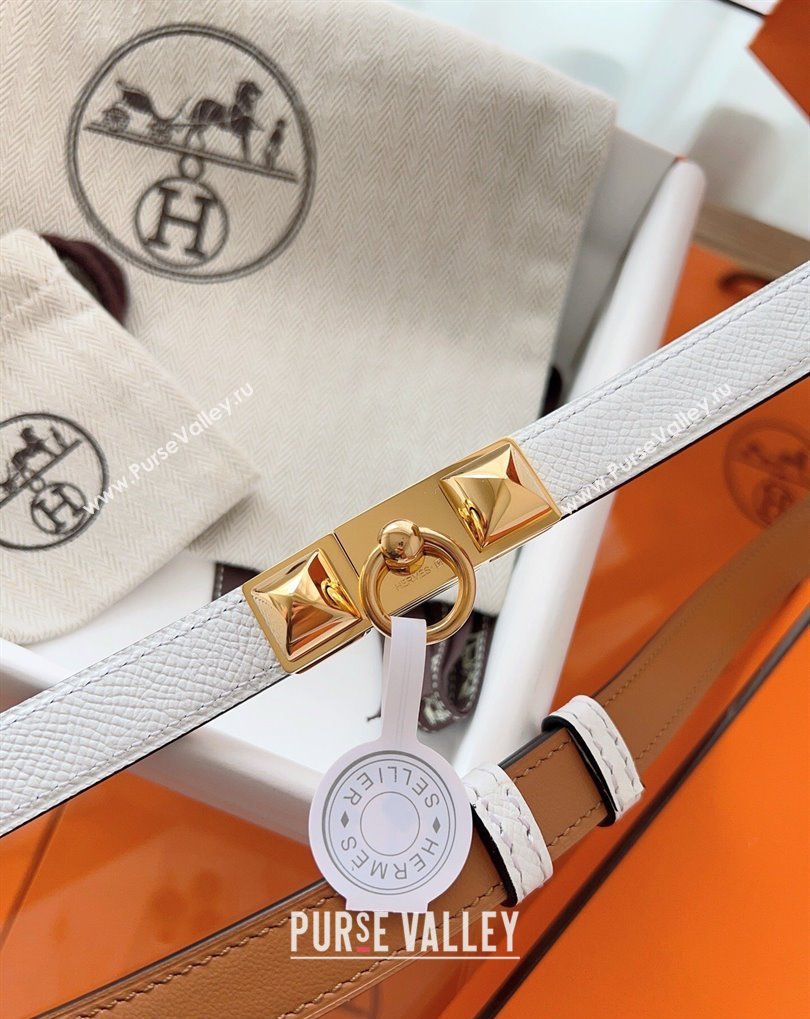 Hermes Rivale Belt 1.8cm with Two Medor Studs and Ring Buckle in Epsom Leather White/Gold 2025 (99-250508197)