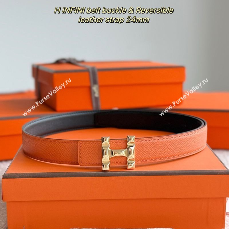 Hermes Womens Fibbia da Cintura H Infini Reversible Leather Belt 2.4cm Orange/Gold 2025 0617 (99-250617084)