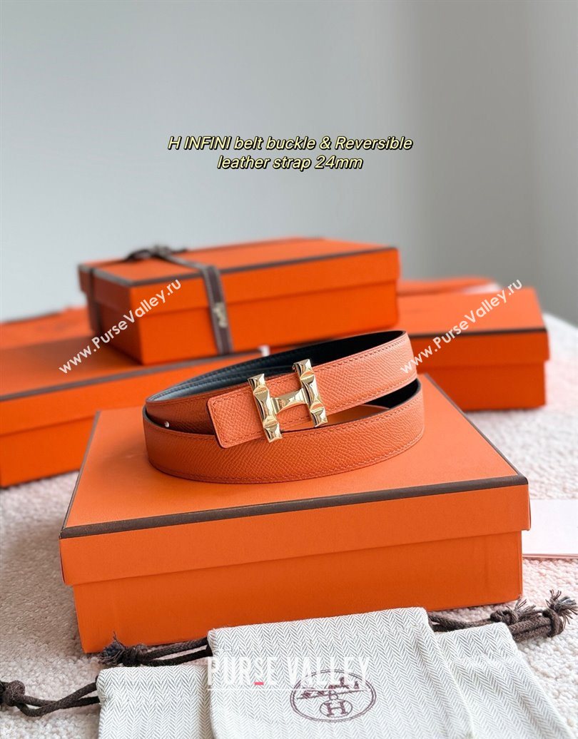 Hermes Womens Fibbia da Cintura H Infini Reversible Leather Belt 2.4cm Orange/Gold 2025 0617 (99-250617084)
