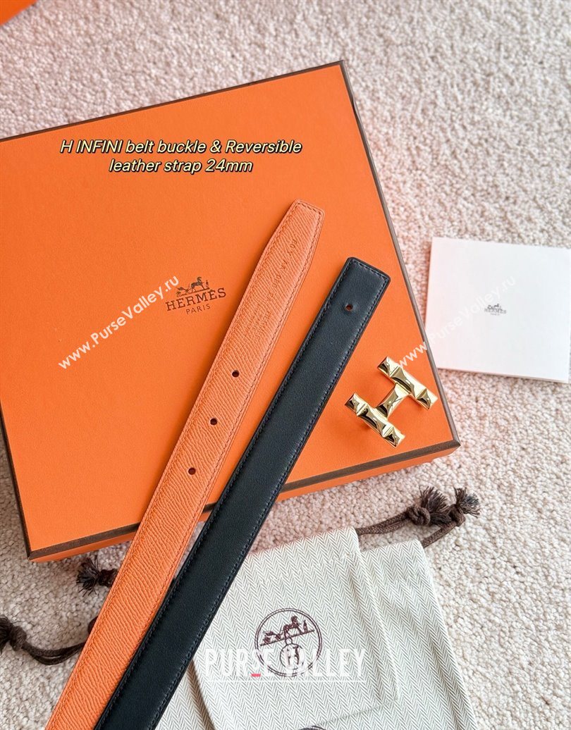 Hermes Womens Fibbia da Cintura H Infini Reversible Leather Belt 2.4cm Orange/Gold 2025 0617 (99-250617084)