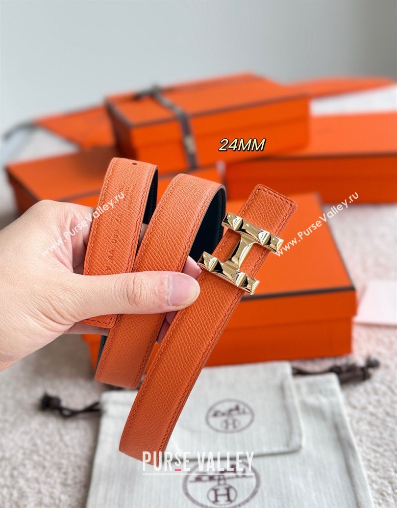 Hermes Womens Fibbia da Cintura H Infini Reversible Leather Belt 2.4cm Orange/Gold 2025 0617 (99-250617084)