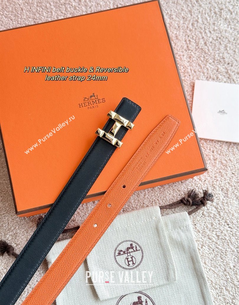 Hermes Womens Fibbia da Cintura H Infini Reversible Leather Belt 2.4cm Orange/Gold 2025 0617 (99-250617084)