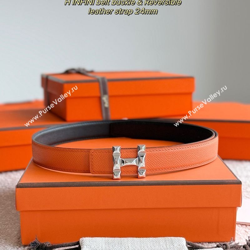 Hermes Womens Fibbia da Cintura H Infini Reversible Leather Belt 2.4cm Orange/Silver 2025 0617 (99-250617085)
