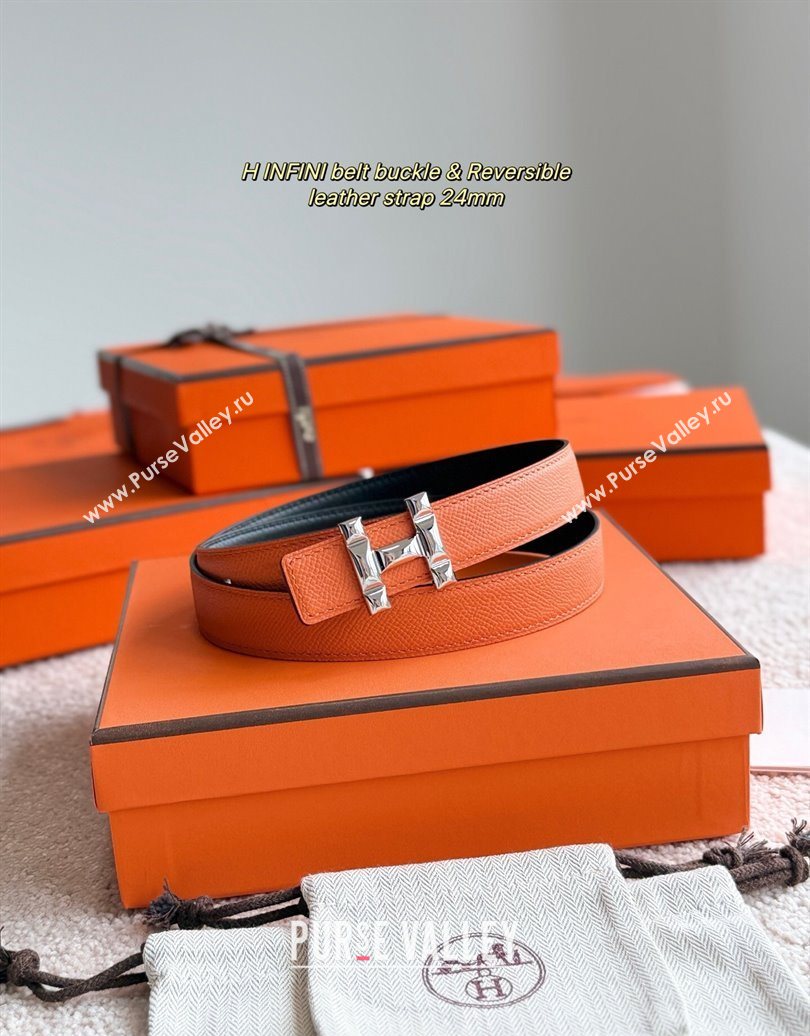 Hermes Womens Fibbia da Cintura H Infini Reversible Leather Belt 2.4cm Orange/Silver 2025 0617 (99-250617085)