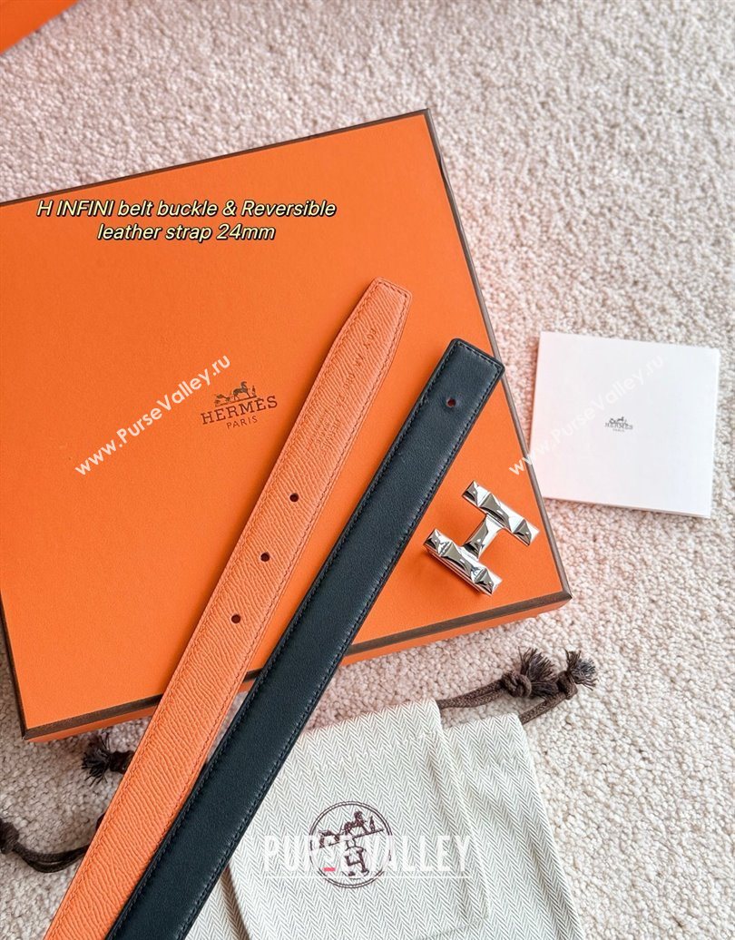 Hermes Womens Fibbia da Cintura H Infini Reversible Leather Belt 2.4cm Orange/Silver 2025 0617 (99-250617085)