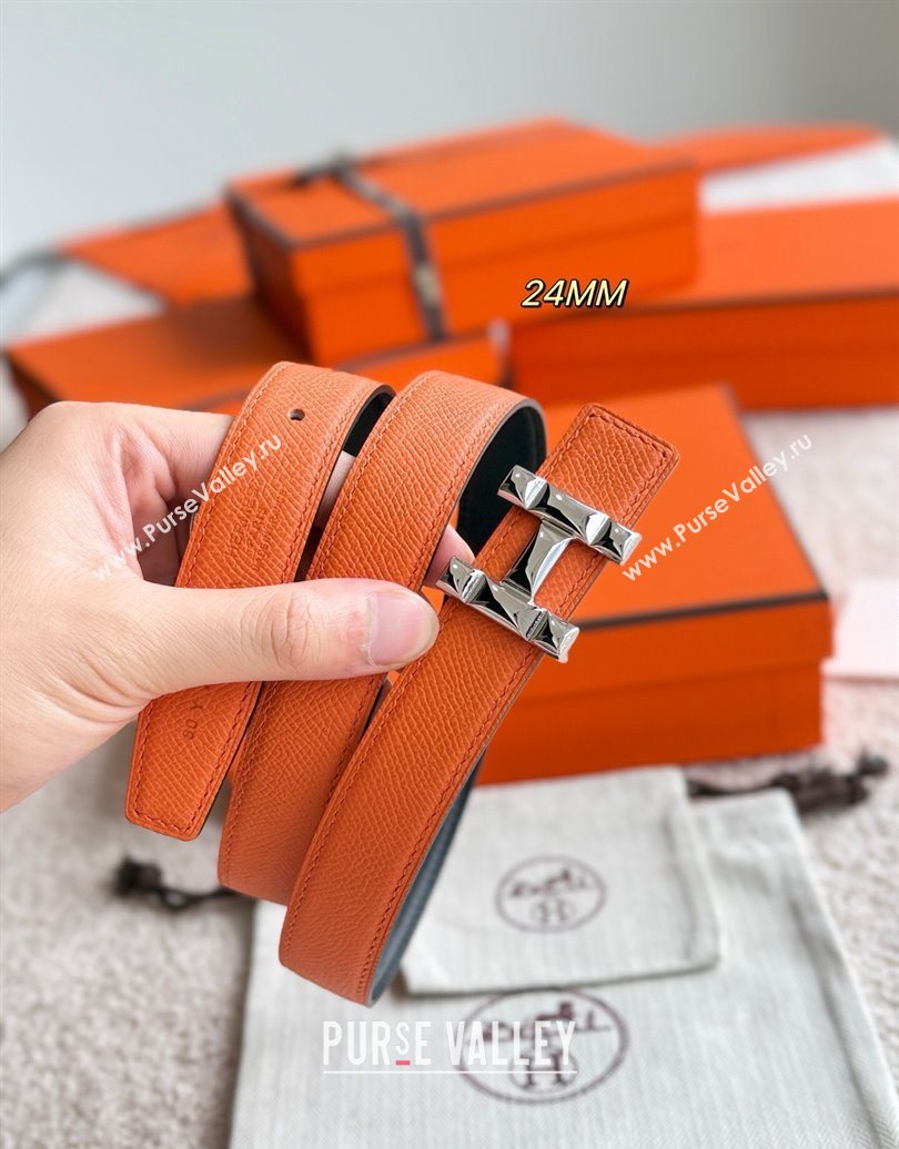 Hermes Womens Fibbia da Cintura H Infini Reversible Leather Belt 2.4cm Orange/Silver 2025 0617 (99-250617085)