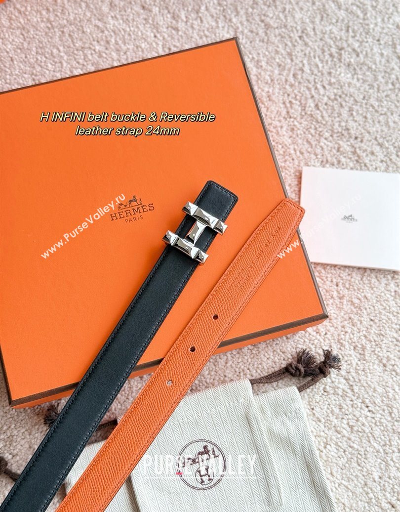 Hermes Womens Fibbia da Cintura H Infini Reversible Leather Belt 2.4cm Orange/Silver 2025 0617 (99-250617085)