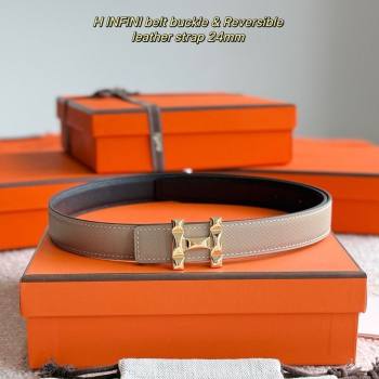 Hermes Womens Fibbia da Cintura H Infini Reversible Leather Belt 2.4cm Grey/Gold 2025 0617 (99-250617086)