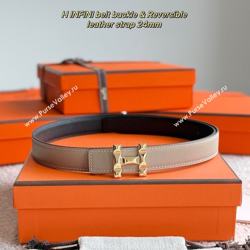 Hermes Womens Fibbia da Cintura H Infini Reversible Leather Belt 2.4cm Grey/Gold 2025 0617 (99-250617086)
