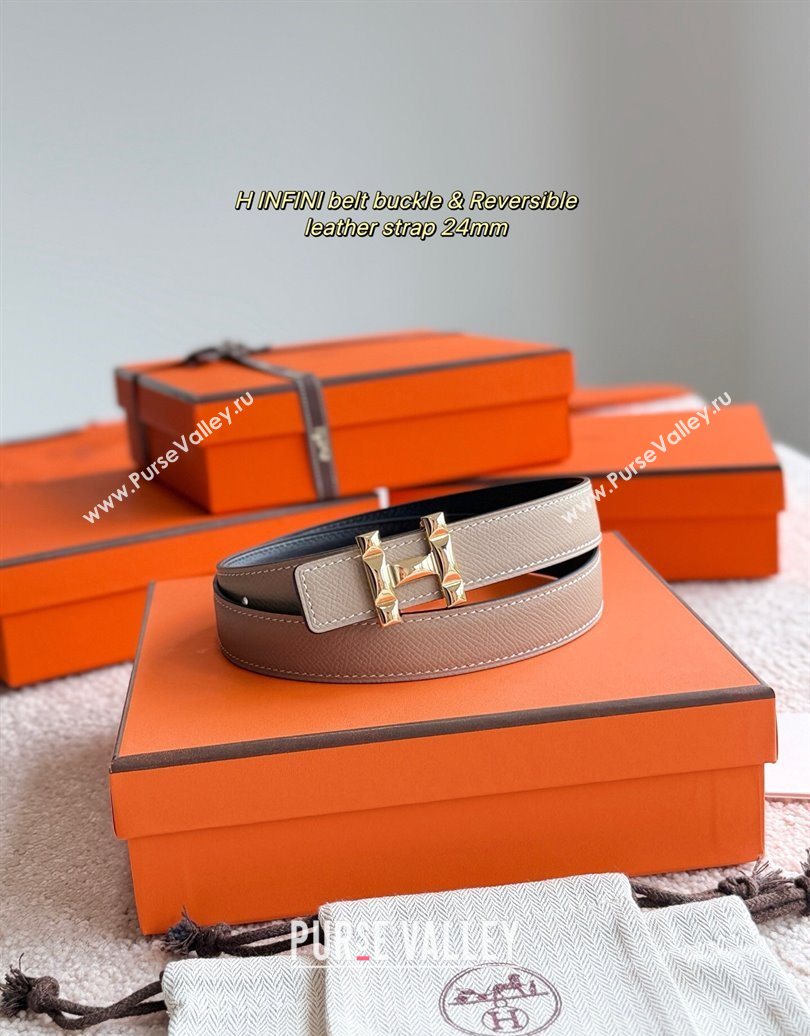 Hermes Womens Fibbia da Cintura H Infini Reversible Leather Belt 2.4cm Grey/Gold 2025 0617 (99-250617086)