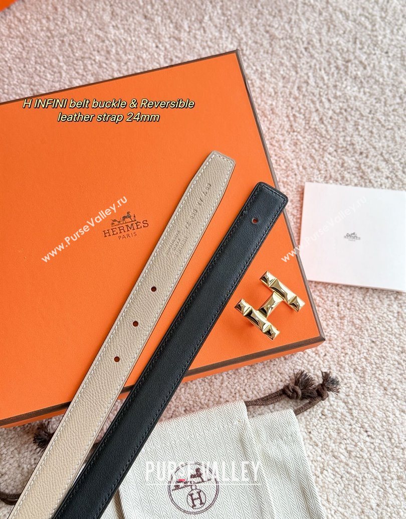 Hermes Womens Fibbia da Cintura H Infini Reversible Leather Belt 2.4cm Grey/Gold 2025 0617 (99-250617086)