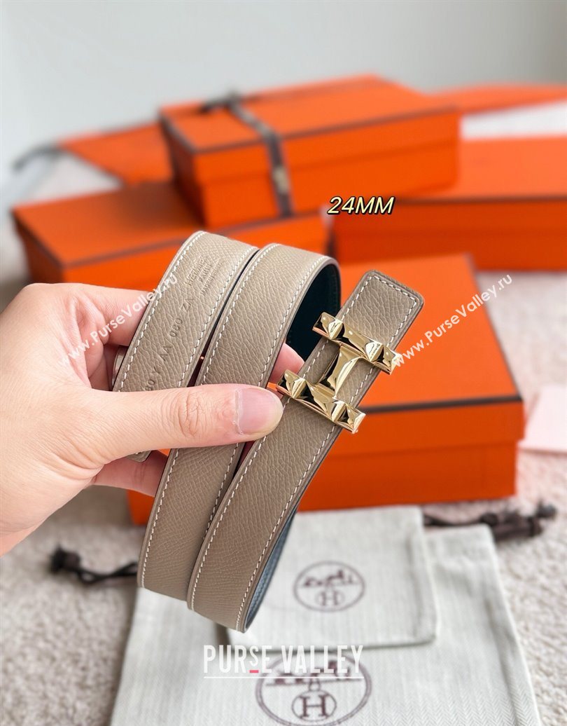 Hermes Womens Fibbia da Cintura H Infini Reversible Leather Belt 2.4cm Grey/Gold 2025 0617 (99-250617086)