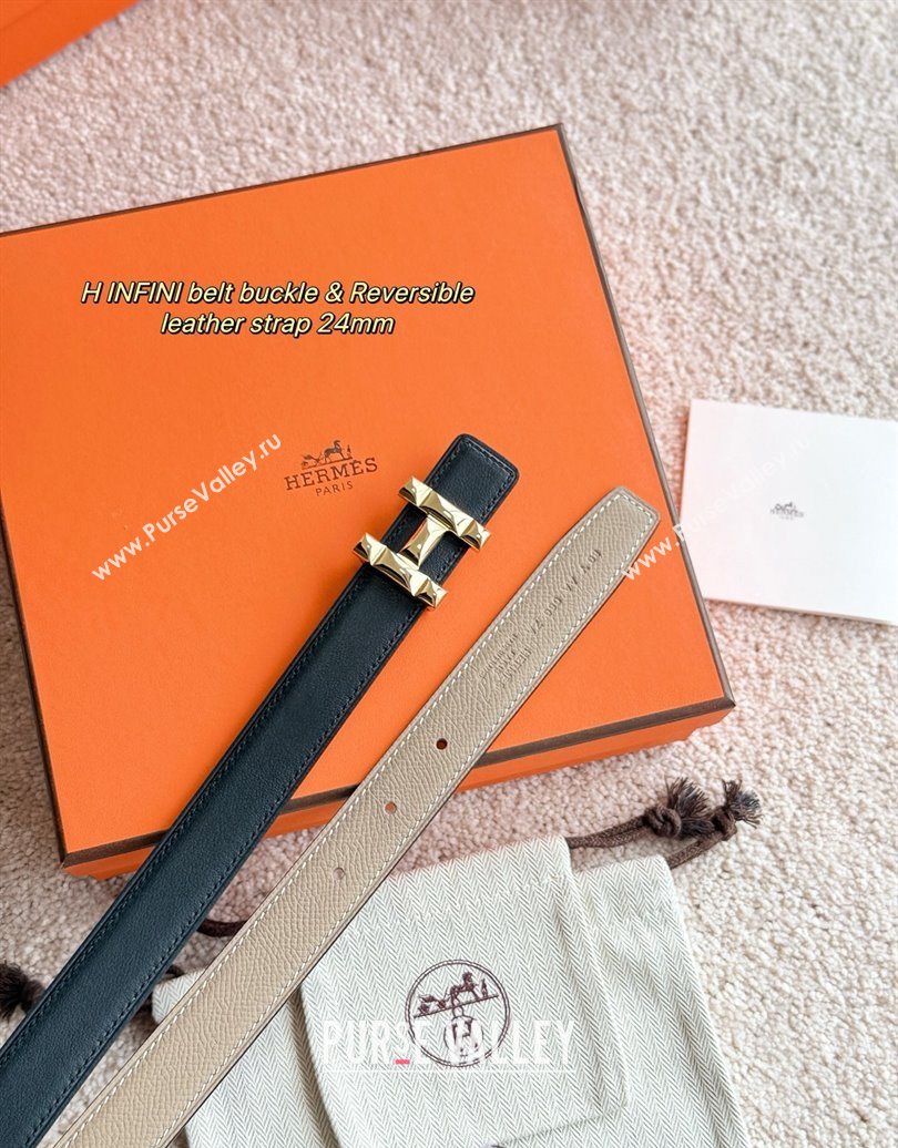 Hermes Womens Fibbia da Cintura H Infini Reversible Leather Belt 2.4cm Grey/Gold 2025 0617 (99-250617086)