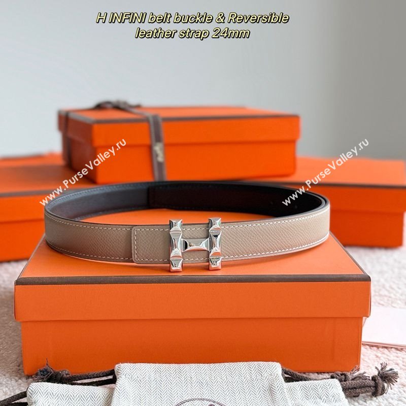 Hermes Womens Fibbia da Cintura H Infini Reversible Leather Belt 2.4cm Grey/Silver 2025 0617 (99-250617087)