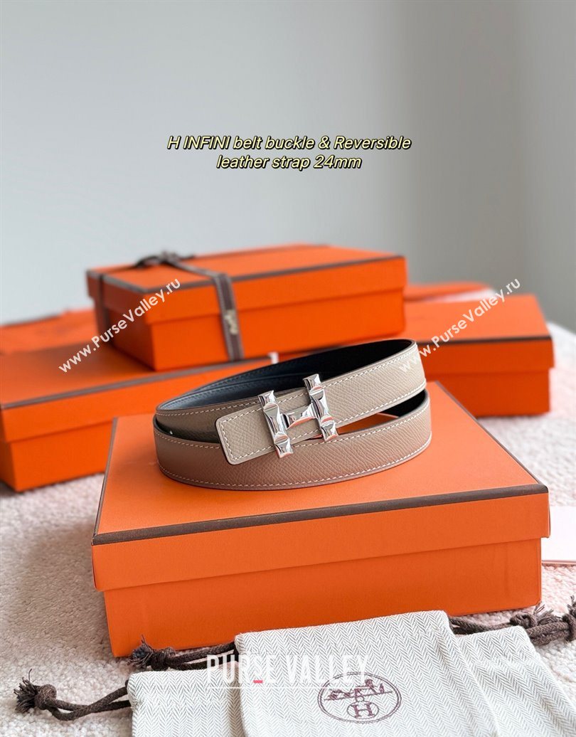 Hermes Womens Fibbia da Cintura H Infini Reversible Leather Belt 2.4cm Grey/Silver 2025 0617 (99-250617087)