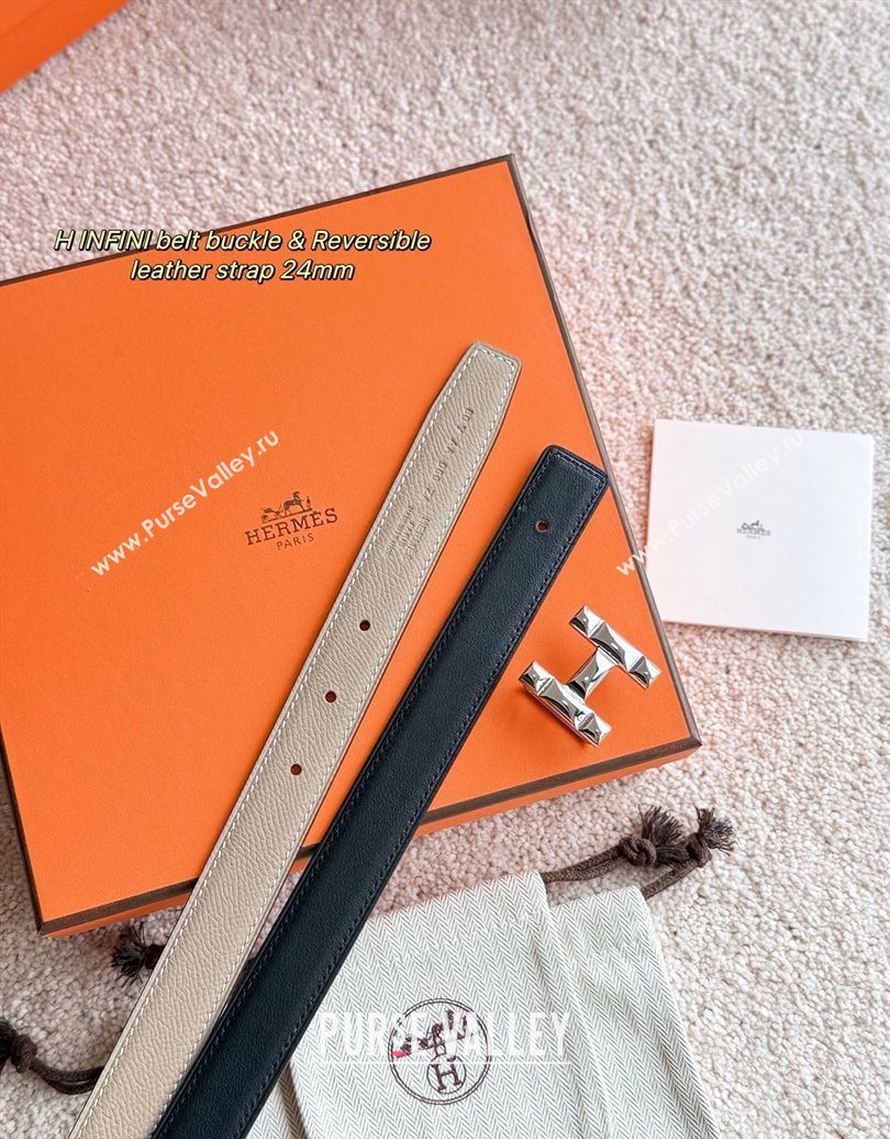 Hermes Womens Fibbia da Cintura H Infini Reversible Leather Belt 2.4cm Grey/Silver 2025 0617 (99-250617087)