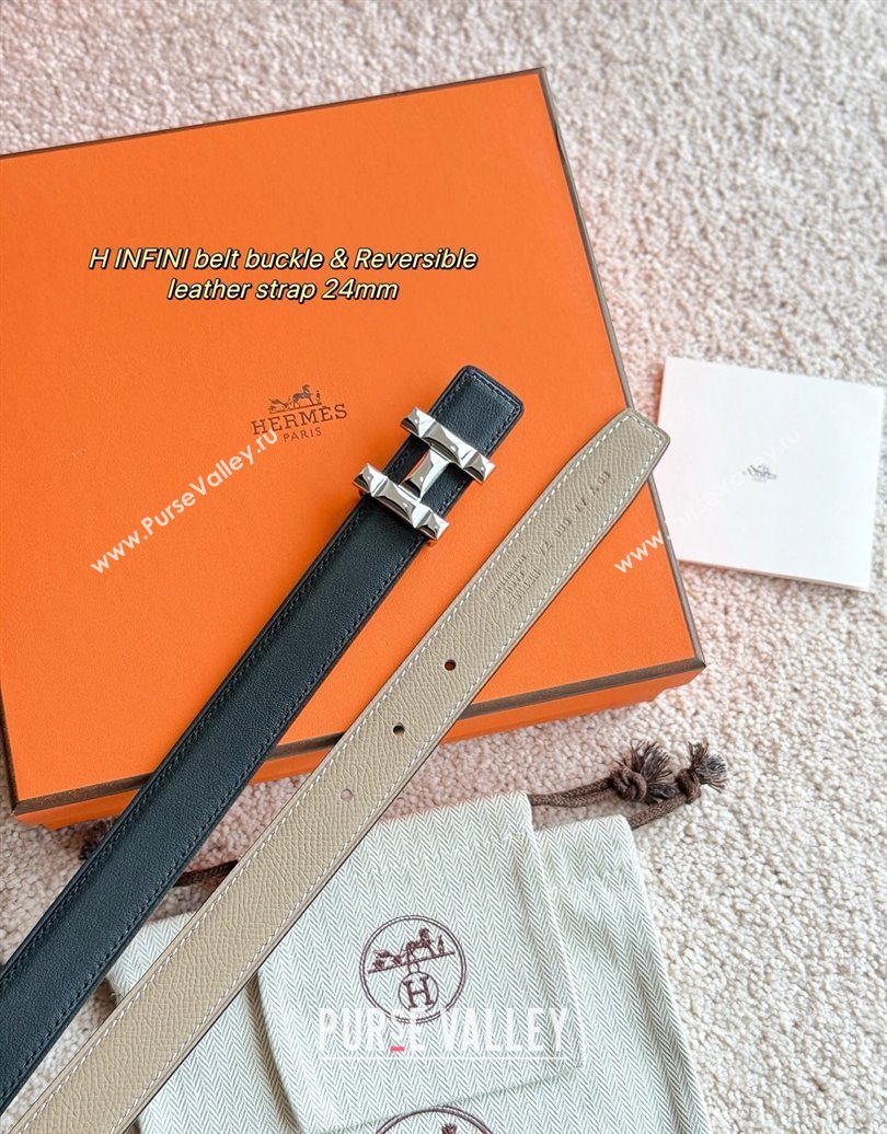 Hermes Womens Fibbia da Cintura H Infini Reversible Leather Belt 2.4cm Grey/Silver 2025 0617 (99-250617087)