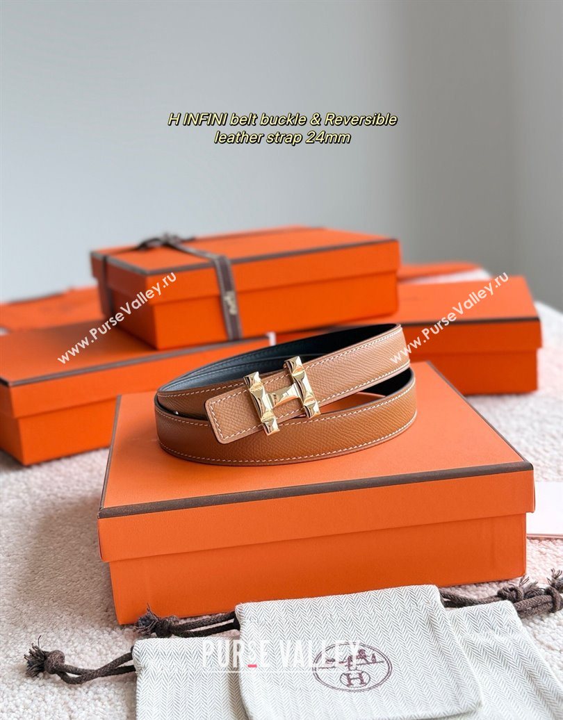 Hermes Womens Fibbia da Cintura H Infini Reversible Leather Belt 2.4cm Brown/Gold 2025 0617 (99-250617088)