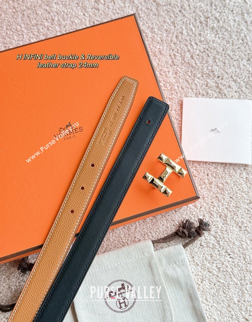 Hermes Womens Fibbia da Cintura H Infini Reversible Leather Belt 2.4cm Brown/Gold 2025 0617 (99-250617088)