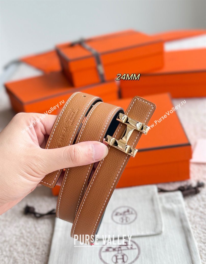 Hermes Womens Fibbia da Cintura H Infini Reversible Leather Belt 2.4cm Brown/Gold 2025 0617 (99-250617088)