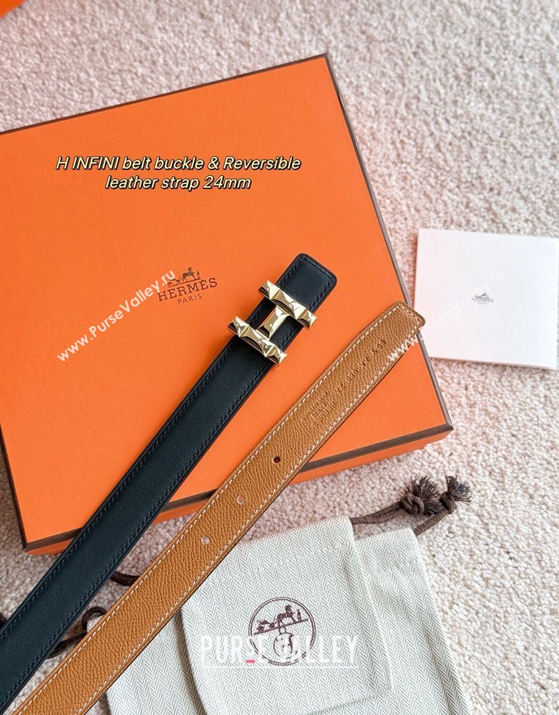Hermes Womens Fibbia da Cintura H Infini Reversible Leather Belt 2.4cm Brown/Gold 2025 0617 (99-250617088)