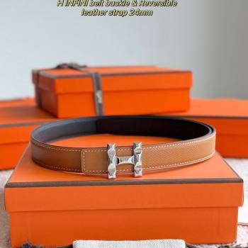 Hermes Womens Fibbia da Cintura H Infini Reversible Leather Belt 2.4cm Brown/Silver 2025 0617 (99-250617089)