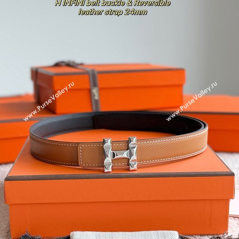 Hermes Womens Fibbia da Cintura H Infini Reversible Leather Belt 2.4cm Brown/Silver 2025 0617 (99-250617089)