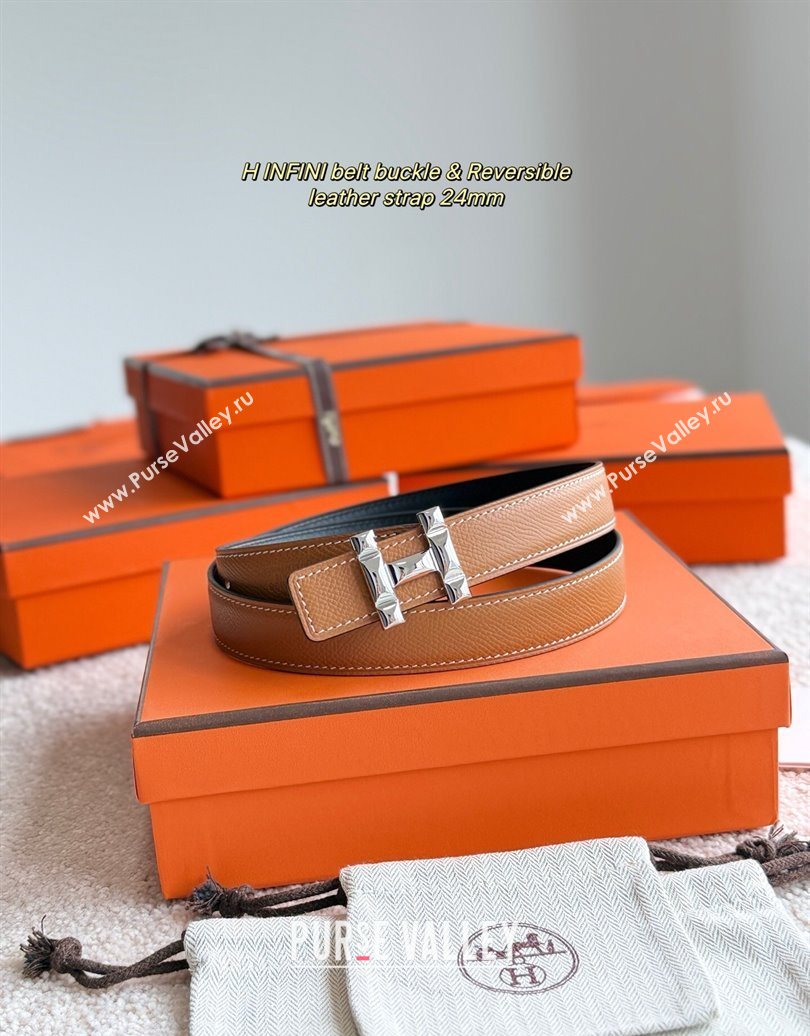 Hermes Womens Fibbia da Cintura H Infini Reversible Leather Belt 2.4cm Brown/Silver 2025 0617 (99-250617089)