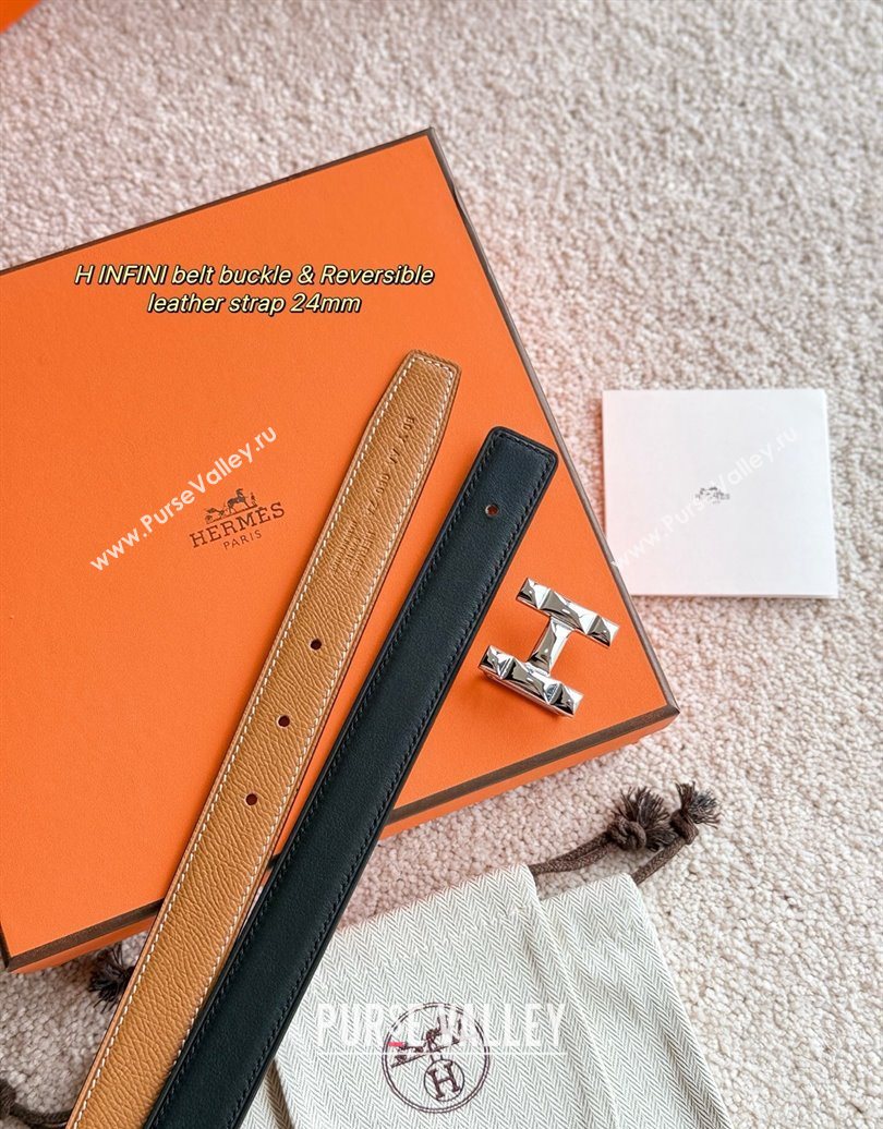 Hermes Womens Fibbia da Cintura H Infini Reversible Leather Belt 2.4cm Brown/Silver 2025 0617 (99-250617089)
