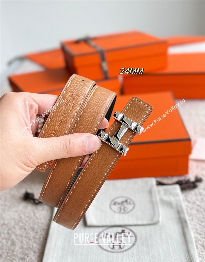 Hermes Womens Fibbia da Cintura H Infini Reversible Leather Belt 2.4cm Brown/Silver 2025 0617 (99-250617089)
